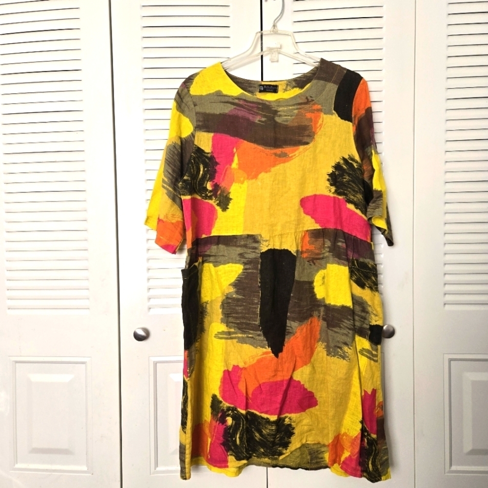 Bella Amore Colorful Abstract Print Pocket Linen Dress Size M Made In Italy